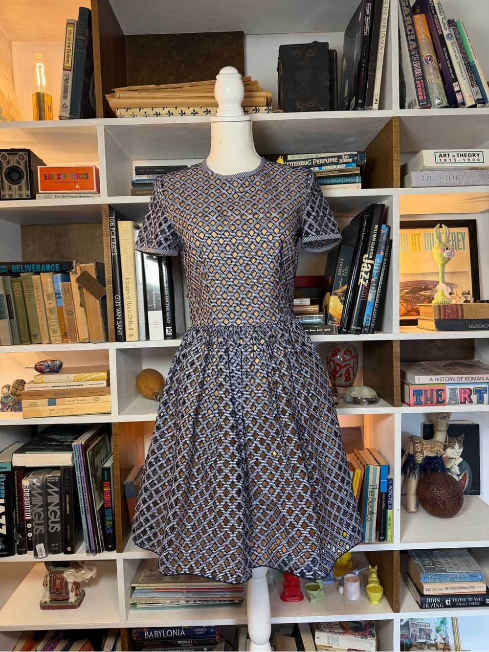 Diamond Pattern Fit-and-Flare Dress in Blue and Tan
